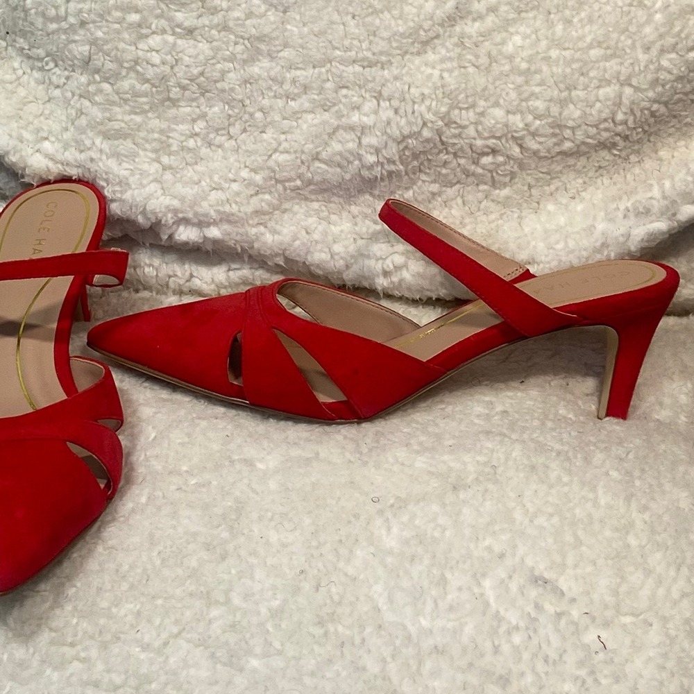 Cole Haan Red Vandam Dress‎ Mules Pointed Toe Pumps Sz 8B Heeled Sandals - Picture 5 of 9